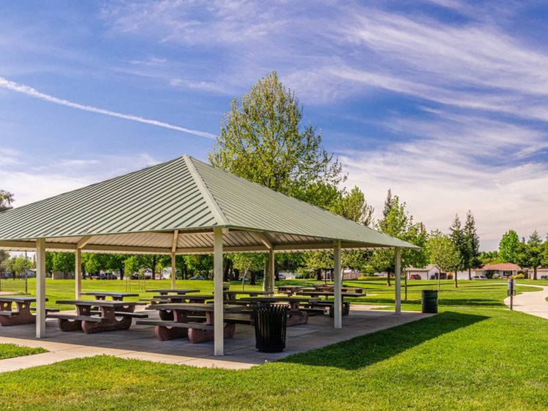 A Shade Structure at Rosemont Community Park, a popular green space near Rancho Cordova known for weekend gatherings and outdoor activities.