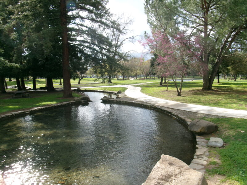 Shaded walking trail and pond at Hagan Community Park near Cordova Meadows and Las Michoacanas ice cream in Rancho Cordova.